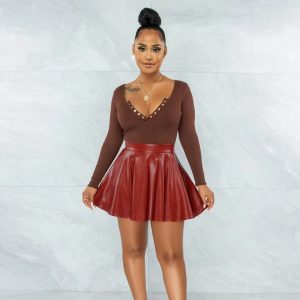 Jupe patineuse mini en cuir véritable