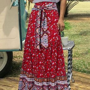 Jupe bohème longue plissée à imprimé floral et noeud à la taille