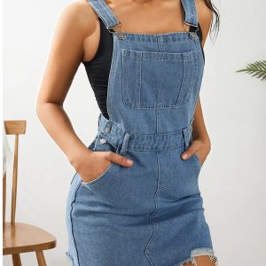 Jupe salopette courte en denim taille haute