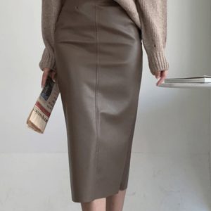 Jupe midi en simili cuir marron et noir