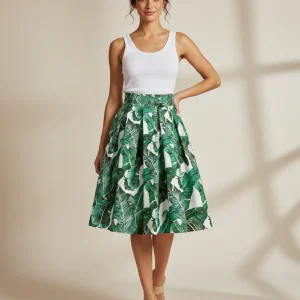 Jupe Patineuse Plissée Motif Tropical Fluide