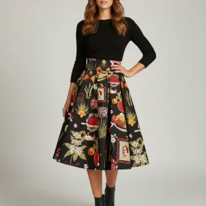 Jupe Patineuse Noire Imprimée Artistique Plissée Vintage