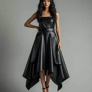 Jupe Patineuse Noire Similicuir Asymétrique Élégante