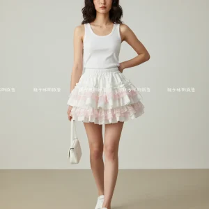 Jupe Patineuse Blanc Rose Volants Fluide