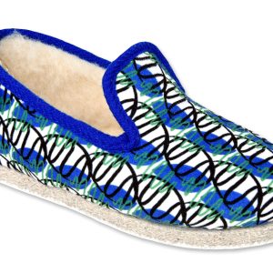 Charentaises “Chausse Mouton” – femme – bleu – “modèle Arlequin” – semelles feutre avec protection en confort crêpe