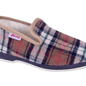 Chaussons JEVA ECOSSAIS – femme – beige – intérieur fourré laine – semelles caoutchouc antidérapantes – TAILLES 36 à 41