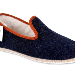 Charentaises “Chausse Mouton” – femme – marine et orange – “modèle Tweed” – semelles feutre avec protection crêpe – fourrés laine – TAILLES 37 – 38 – 40 – 41
