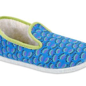 Charentaise “Chausse Mouton” – femme – bleu – « Pop Art » – semelle feutre – intérieur fourré laine – TAILLES 37 – 38 – 41