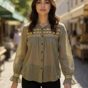 Chemisier kaki à broderies Azalée