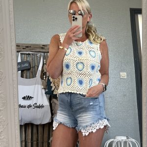 Top crochet beige bleu