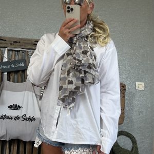 Écharpe gingko bleu gris