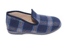 Chaussons écossais- Marine – “modèle Michel”- intérieur non fourré en tissu très doux – Semelles caoutchouc antidérapantes – TAILLE 46