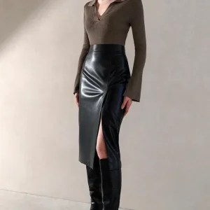 Jupe fendue mi-longue en simili cuir pour femme